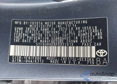 2015 Toyota Corolla S Plus from USA, damaged, VIN 5YFBURHE5FP232819